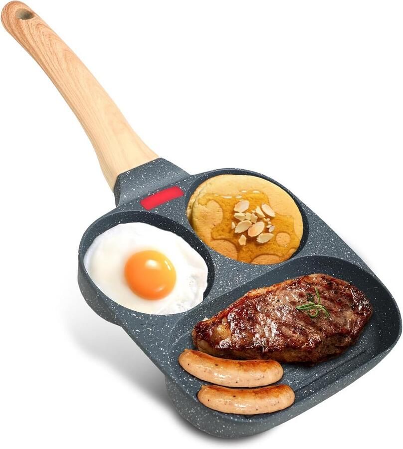 Koekenpan met 3 vakken Omeletpan Grillpan Ontbijt Maken Antiaanbaklaag 19x19 cm Zwart