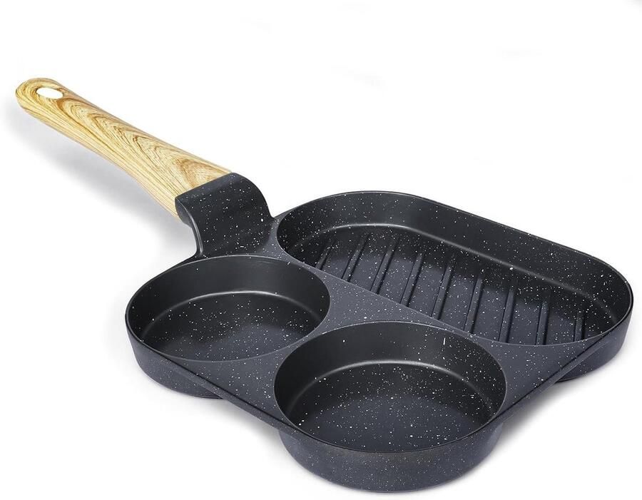 Omeletpan 3 gaten Koekenpan pannenkoeken Ontbijt bereiden Antiaanbak granietlaag 3 compartimenten Grijs