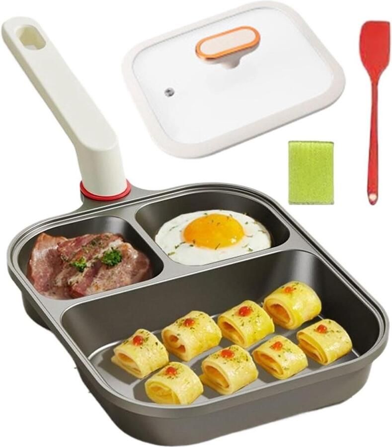 Eierpan met 3 Vakken Omeletpan Braadpan Ontbijt Bereiden Antiaanbaklaag Krasbestendig 18 cm Handvat Meerkleurig