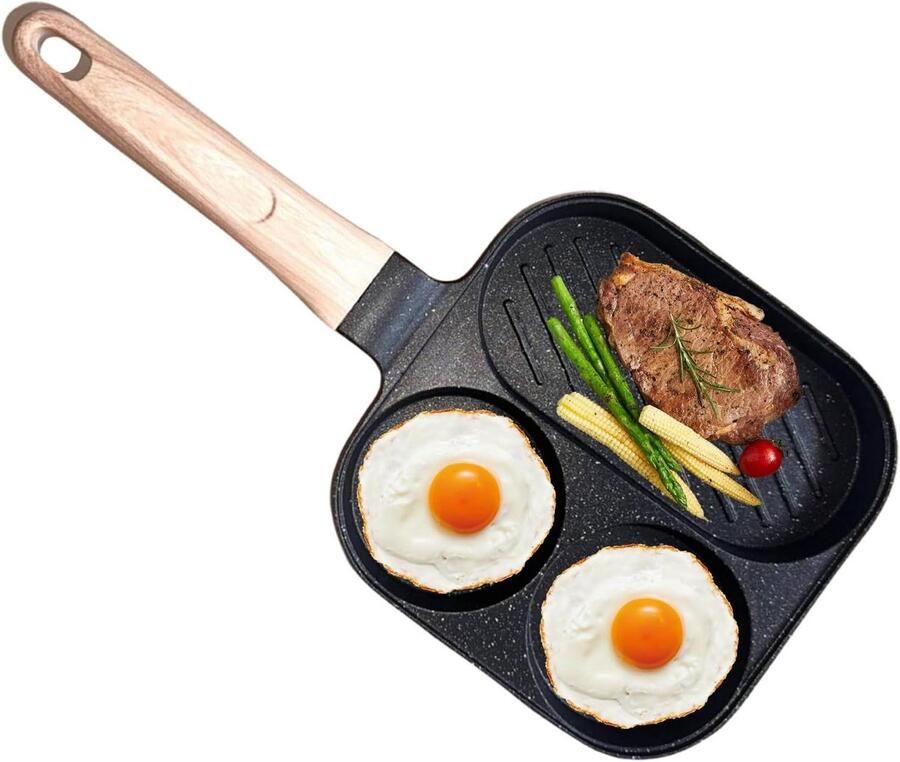 Eierpan met 3 vakken Omeletpan Grillpan Ontbijt Bereiden Keramische Antiaanbaklaag 36.5 x 18.5 cm Zwart