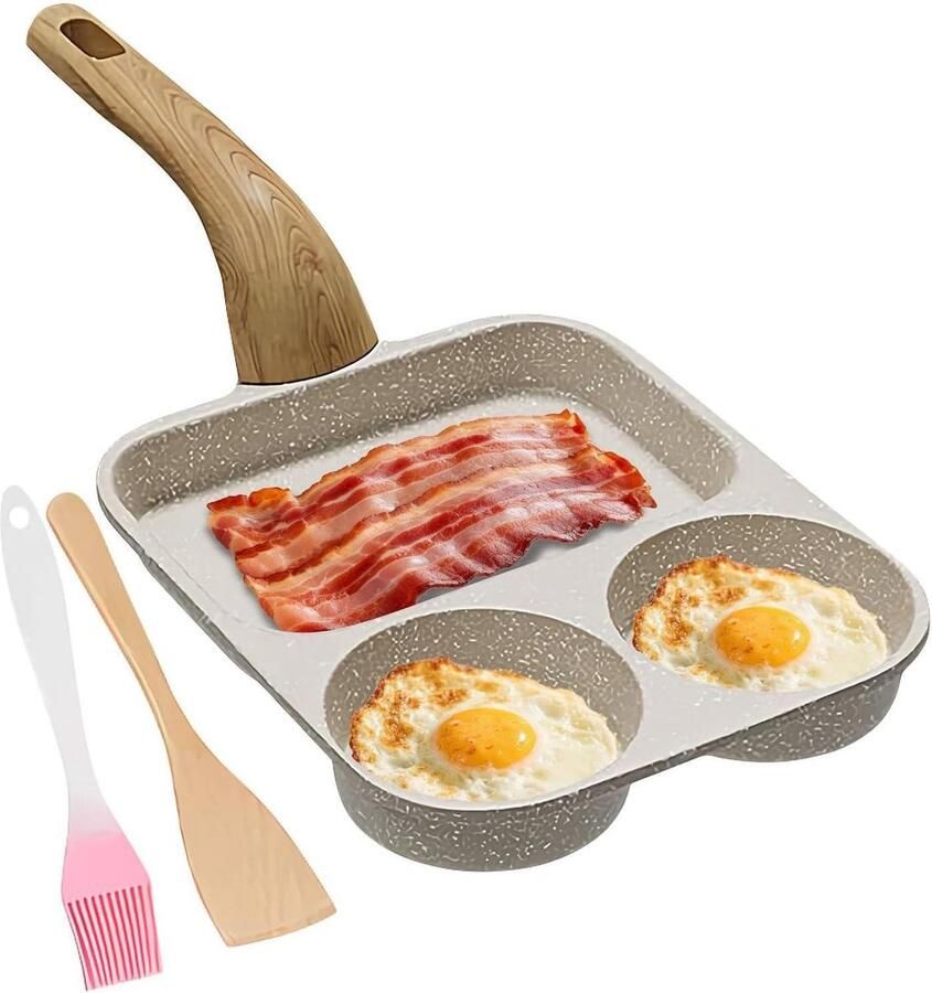Eierpan met 3 vakken Omeletpan Koekenpan Ontbijt Bereiden Antiaanbaklaag 39 x 19 cm Wit