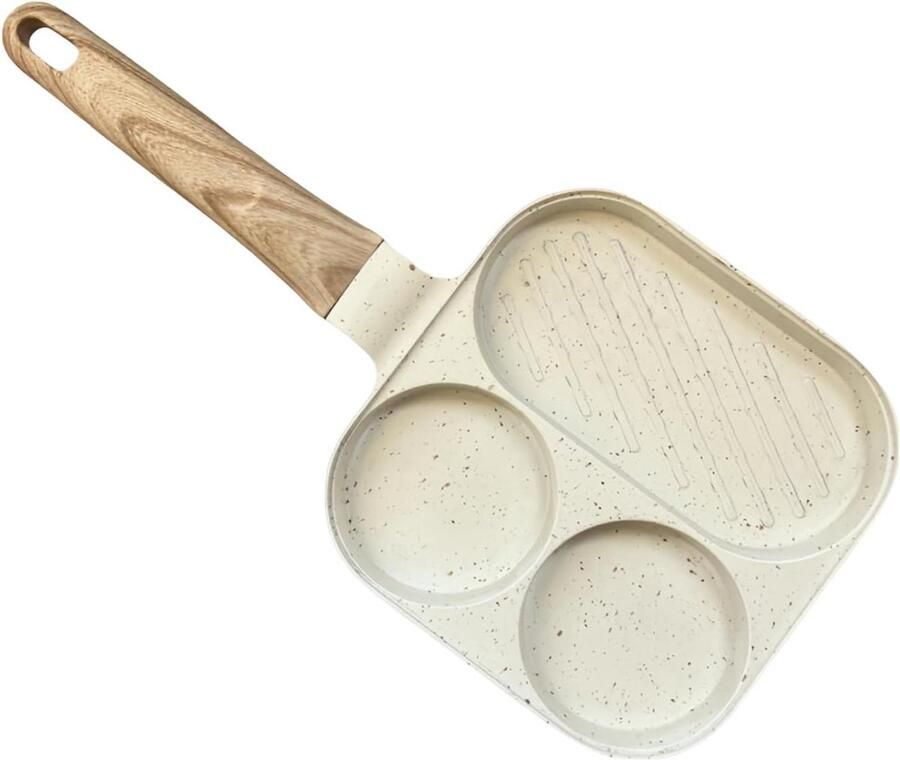 Eierpan met 3 vakken Ontbijtpan Multifunctioneel Ontbijt Bereiden Keramische Antiaanbaklaag 36.5 x 18.5 cm Crèmekleurig