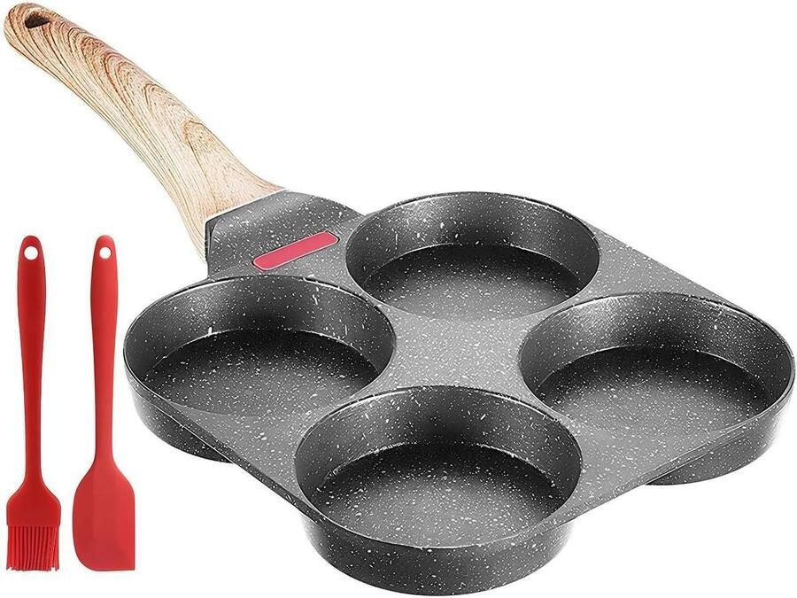 Eierpan met 4 holtes Pannenkoekenpan Omeletpan Ontbijt Bereiden Met temperatuursensor 18.5x38cm Zwart