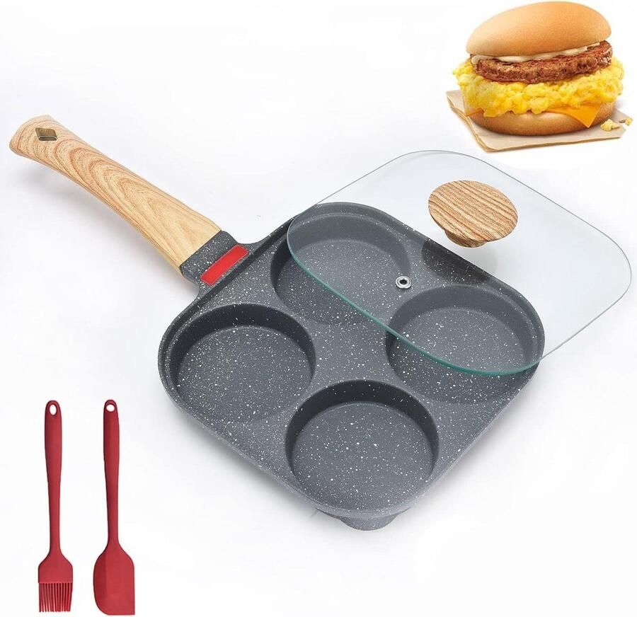 Eierpan met 4 Kopjes Ontbijtpan Pannenkoekenpan Ontbijt Maken Antiaanbak Marmer Coating 4 Kopjes Zwart