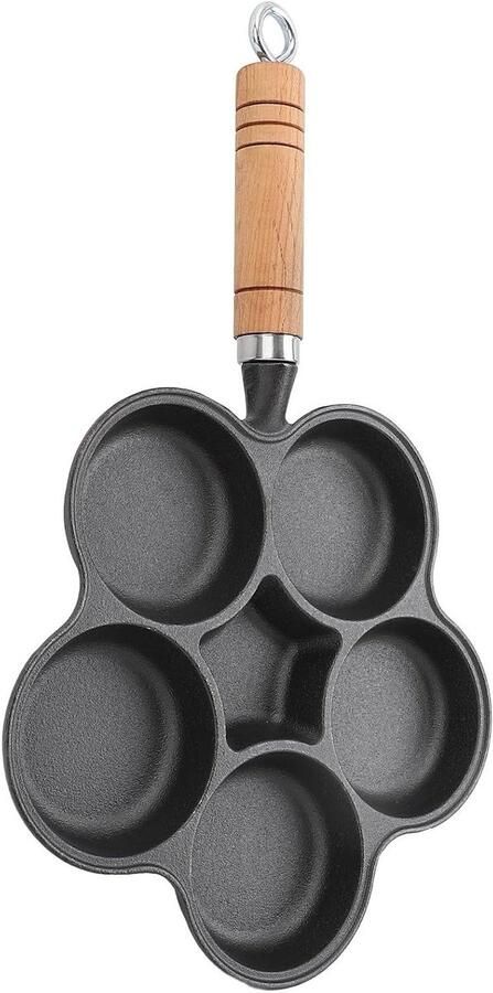 Eierpan met 5 gaten Pannenkoekpan ontbijt bereiden Gietijzer met houten handvat 5-gaats Zwart