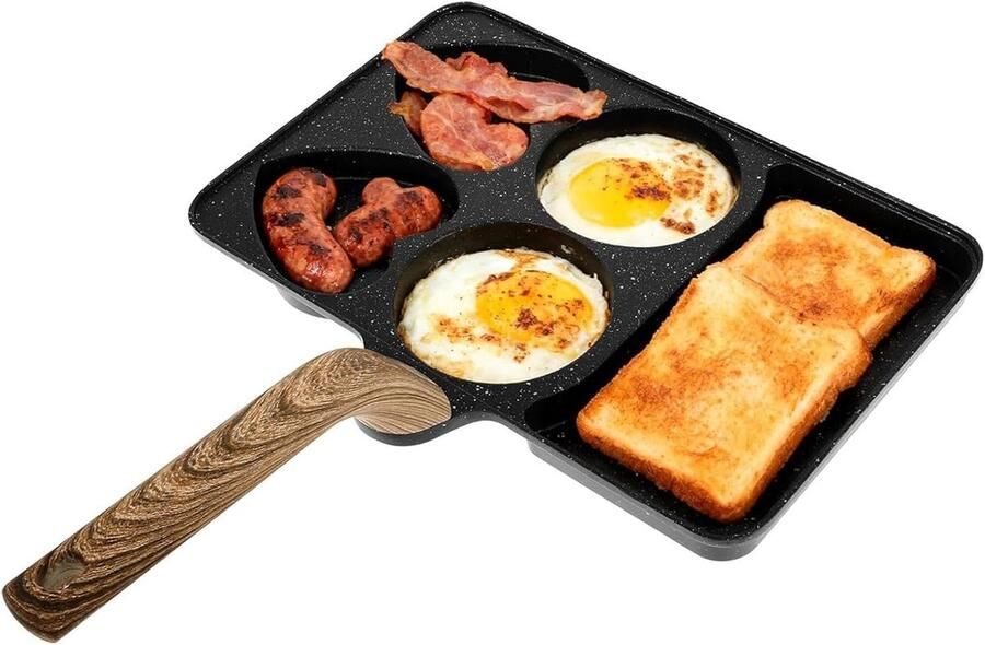 Eierpan met 5 kamers Ontbijtpan koekenpan Ontbijt bereiden Afneembaar houten handvat 35.5 x 27.5 cm Zwart
