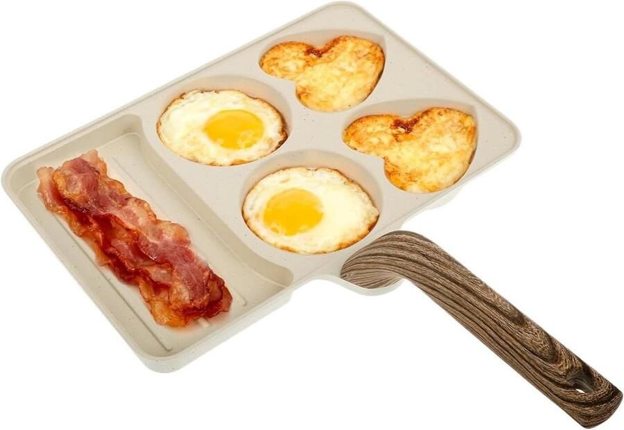 Eierpan met 5 kamers Ontbijtpan Koekenpan Ontbijt Koken Afneembaar houten handvat 35.5 x 27.5 cm Crèmekleurig