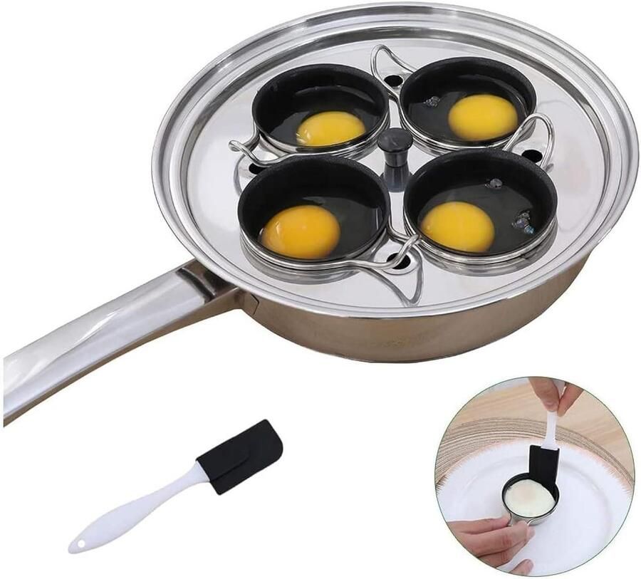 Eierpan met Pochers Gepocheerde Eieren Ontbijt Maken 4 Non-stick Cups 4 Stuks Zilver