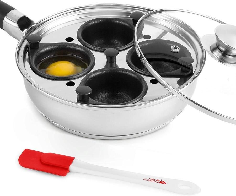 Eierpan Set Eierpocher Pan Ontbijt Maken 4 Anti-aanbak Mokjes 20 cm Diameter Zilver