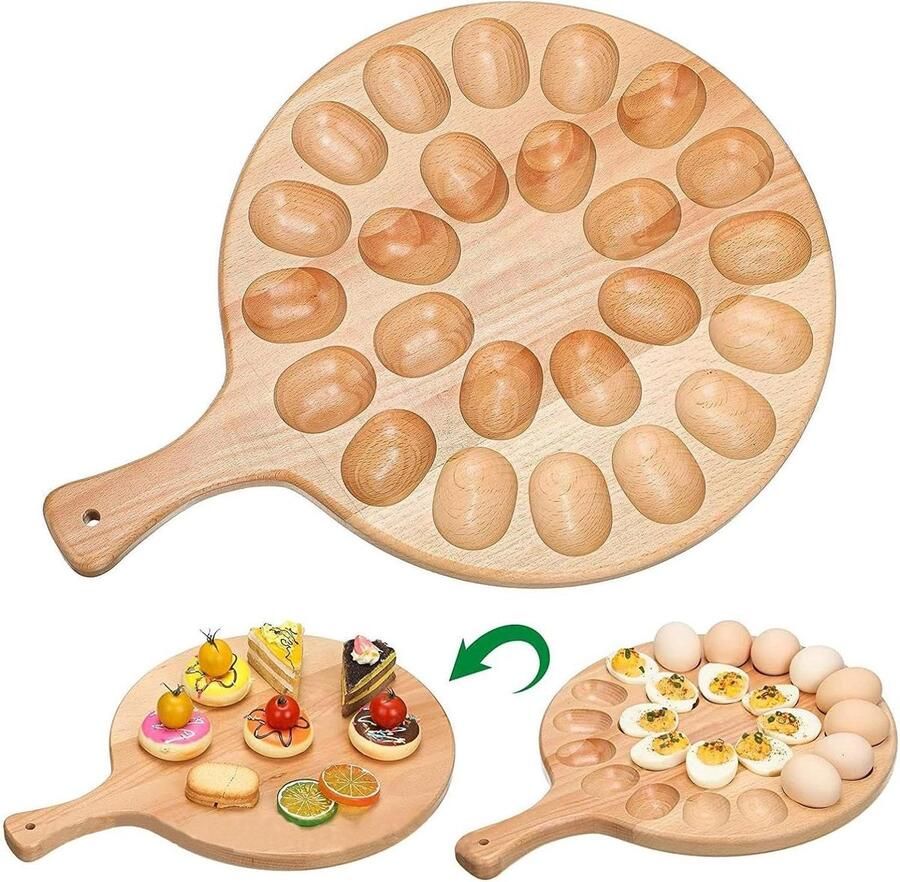 Houten Eierdopjes Eierhouder Bord Eieren Presenteren Met Handvat 41 cm Houtkleur