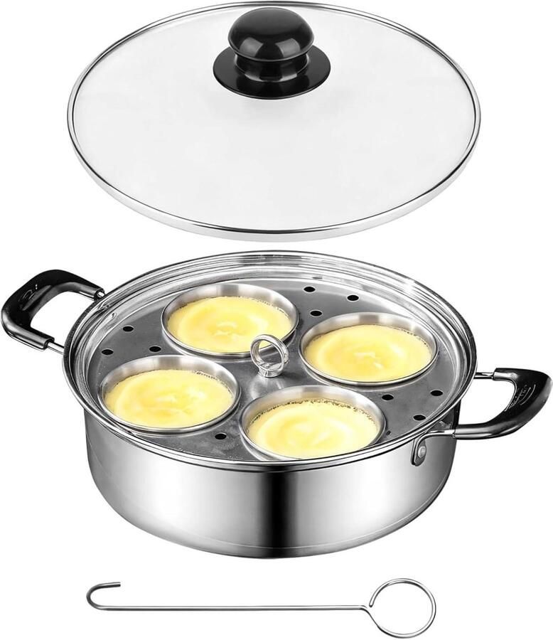 Eierpocheerpan RVS Stoompan Pocheerpan Ontbijt Maken Met 4 Pocheerbekers 20 cm Diameter Zilver