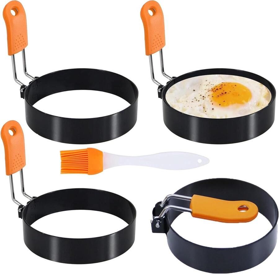 Eierringen Set Crumpet Ringvormer Ontbijt Maken Warmte-geïsoleerde Handgrepen 35 inch Diameter Oranje
