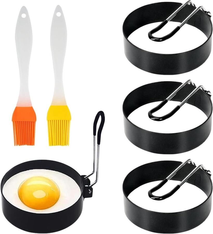 Eierringen Set Omelet Vormen Perfecte Eieren Bakken Anti-aanbaklaag Inklapbaar 4 Stuks 10cm Zilver