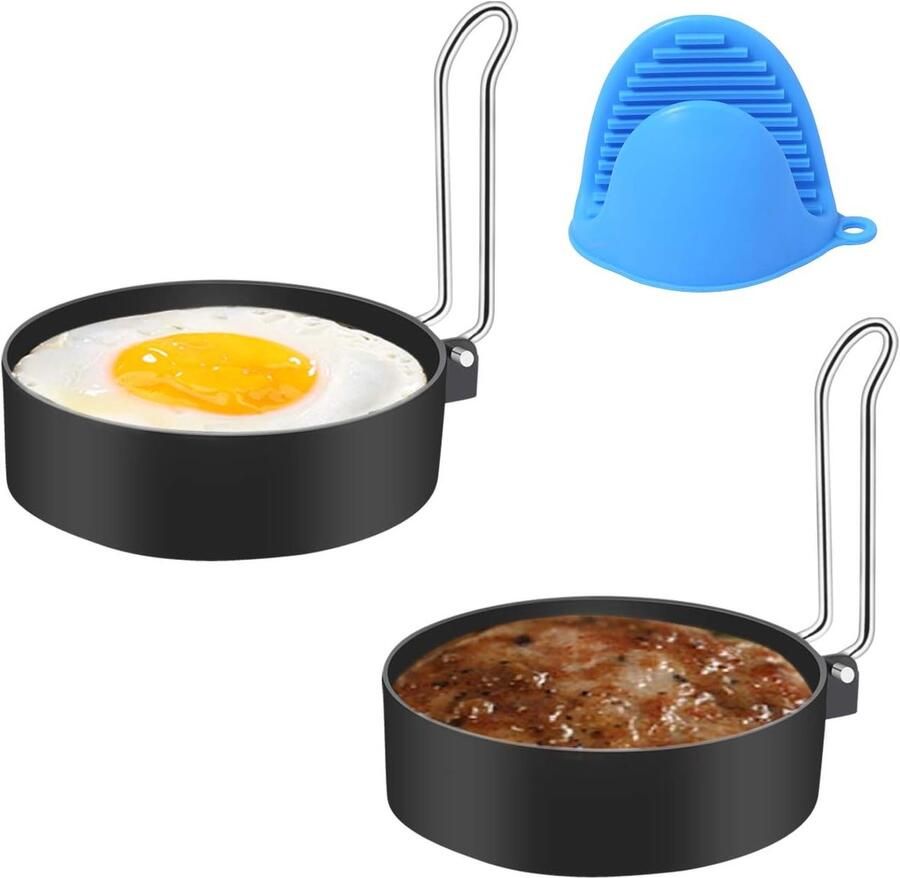 Eierringen Set Ontbijt Vormen Perfect Ontbijt Maken Inclusief Ovenwanten 2 Stuks Zilverkleurig