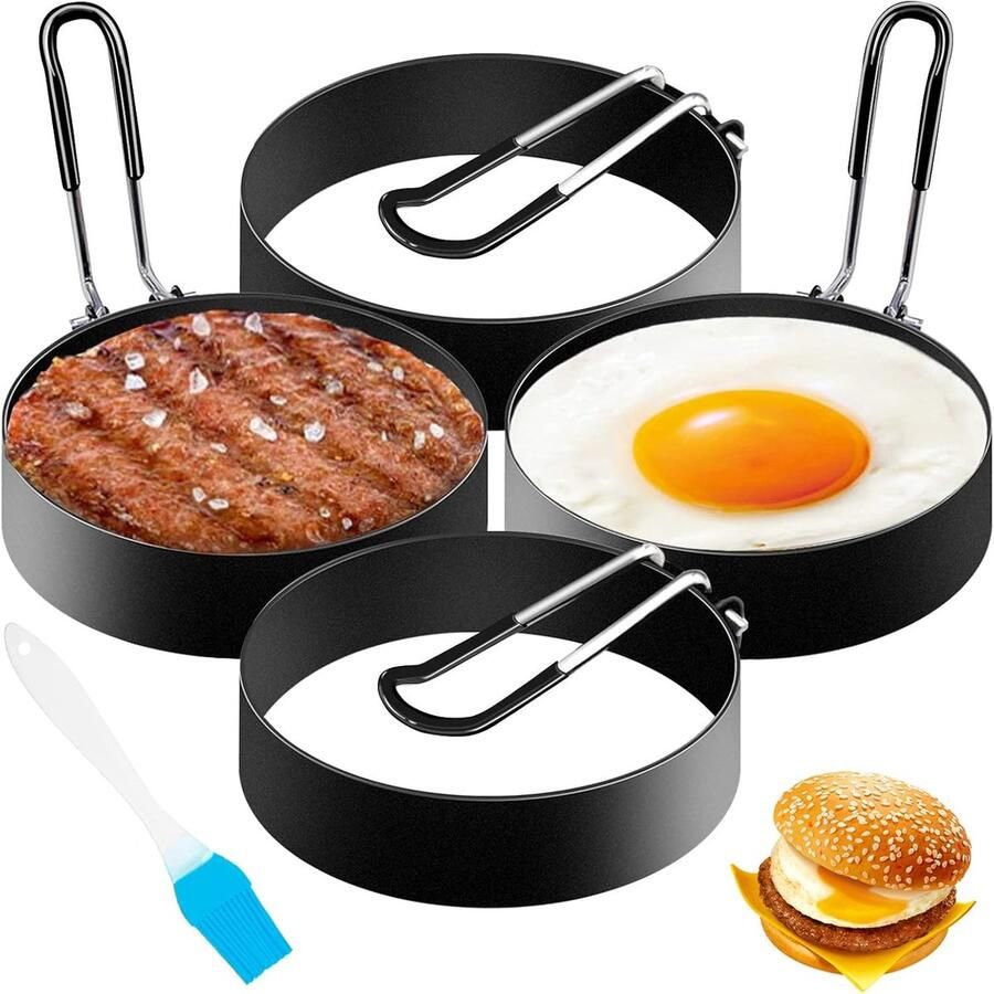 Eierringen Set Pannenkoek Vorm Ontbijt Maken Antiaanbaklaag Handvat 4 Stuks 7.5 cm Zwart