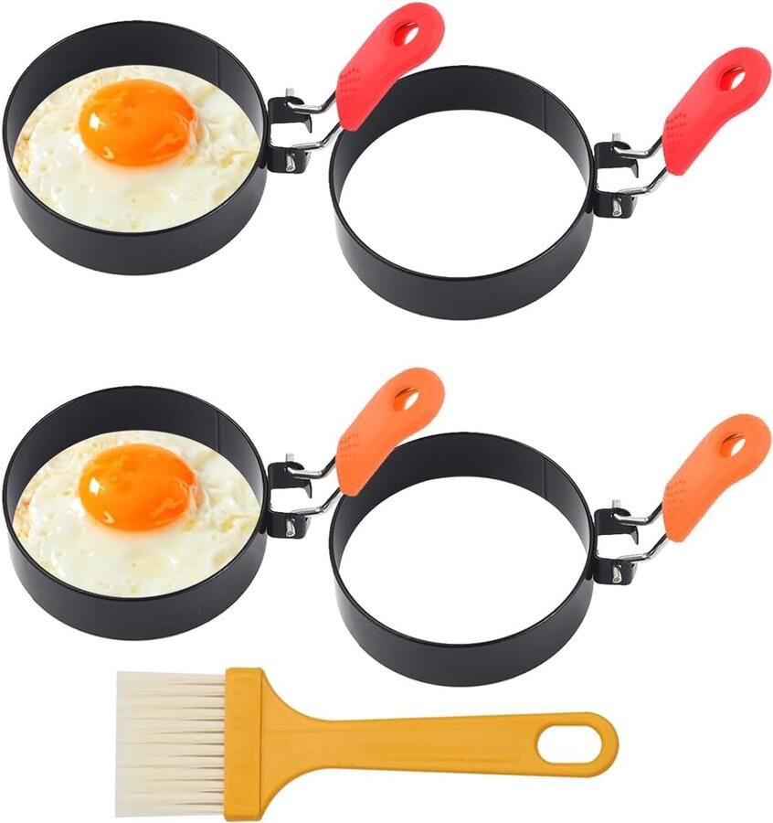 Eierringen Set Vormen voor Eieren Ontbijt Braden Inklapbaar Handvat 7.6cm Diameter Rood Oranje