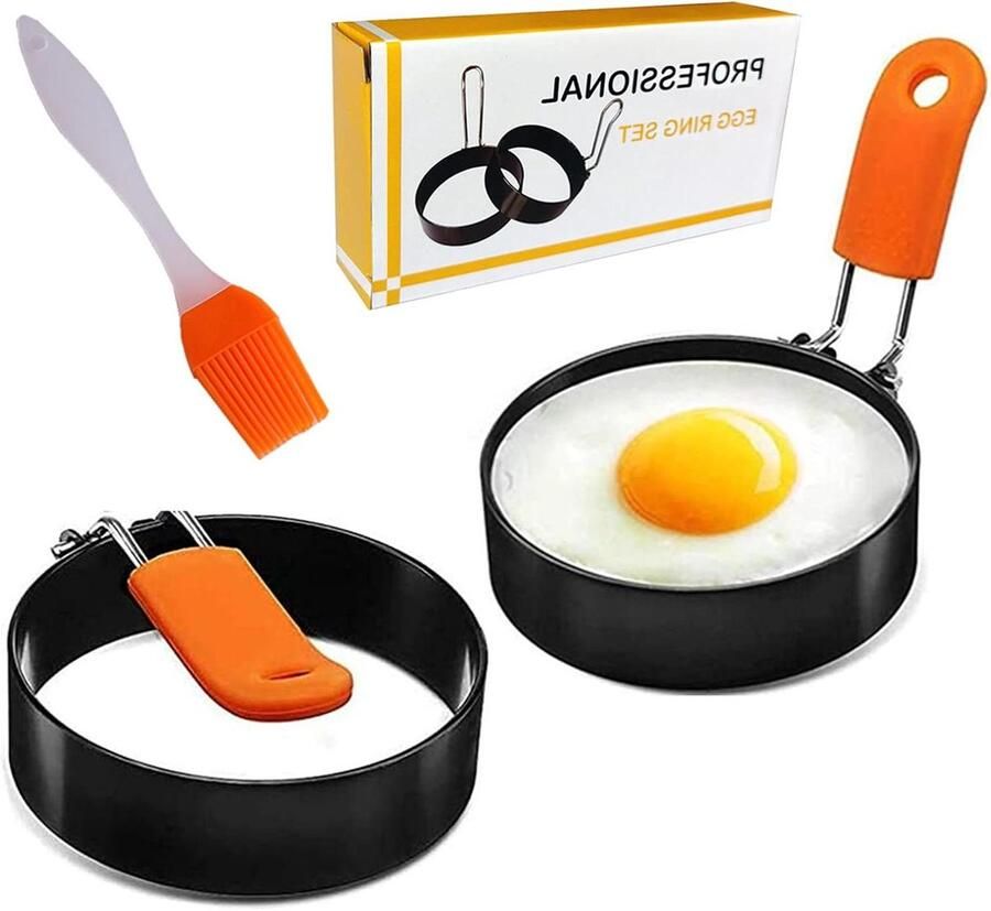 Eierringen Set Vormpjes Spiegelei Ontbijt Maken Inklapbare Handgreep Set van 2 Zwart