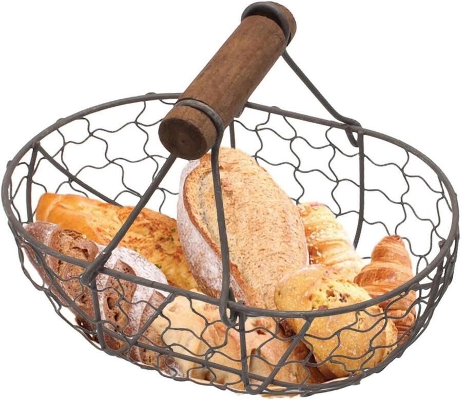 Eierverzamelmand Draadmand Keuken Opslag Organiseren Decoratief Houten Handvat 18 x 12 cm Zwart