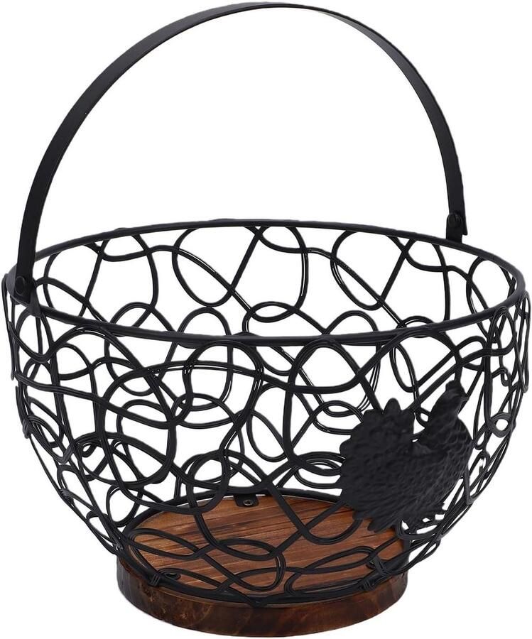 Eiermand met Handvat Draadmand Opslag Eieren Verzamelen Rustieke Hanen Decoratie 20.5x14x12cm Zwart