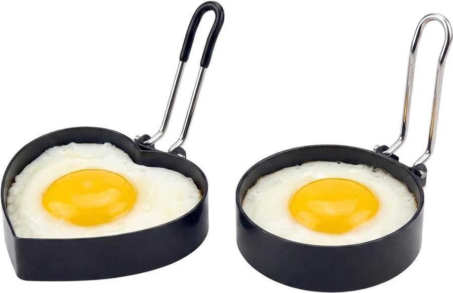 Eiervorm 2-delig anti-aanbaklaag voor gebakken eieren roestvrij staal rond en plat met handvat staal koken gebakken eieren plat voor omeletten wafels sandwiches (cirkel + hart)