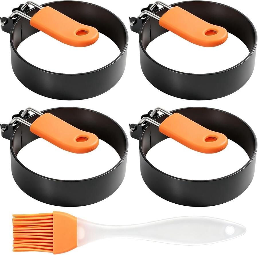 Eiervorm 4 stuks roestvrij staal 9 cm anti-aanbaklaag ring voor gebakken eieren met opvouwbare handgreep en siliconen borstel eiervorm voor pannenkoeken hamburgers keukenaccessoires
