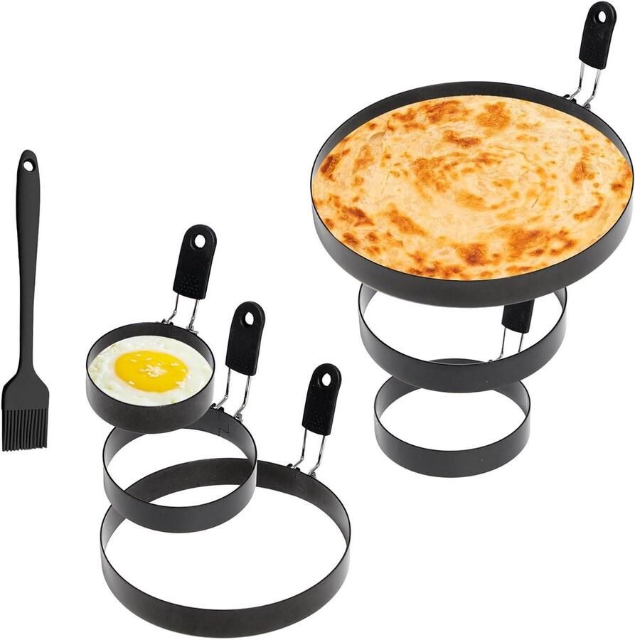 Eiervormen Roestvrij Staal Eierringen Omelet Pannekoek Ontbijt Bereiden Inklapbare Handgreep 6 Maten 7.5-20cm Zwart