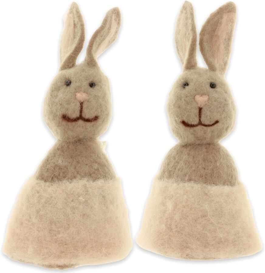 Eierwarmers Set Hazen Decoratie Ontbijt Warm Houden Handgemaakt Vilt 16 cm Hoog Perzik