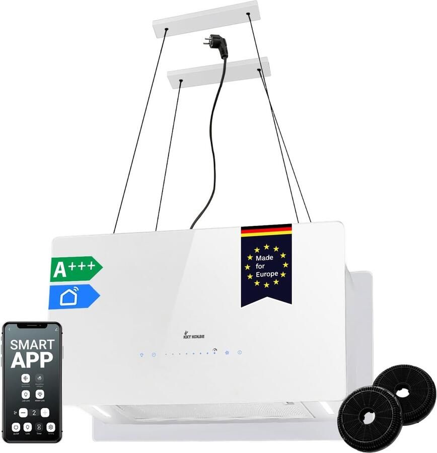 Eiland Afzuigkap Wandafzuiging Keuken Verse Lucht 9 Snelheden App Bediening 60 cm Breed Wit Glas