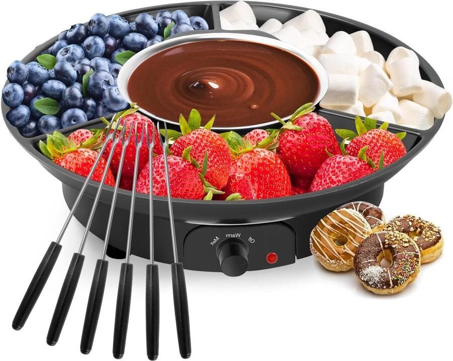 Electric fondue pot set with removable chocolate melt pot forks and tray for parties events birthdays and weddings