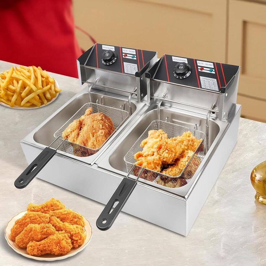 Electric Fryer with Fat 5000 W 6 L Commercial Double Fryer Gastronomy Stainless Steel Cold Zone Deep Fryer Professional Gourmet Fryer with Oil Perfect for French Fries or