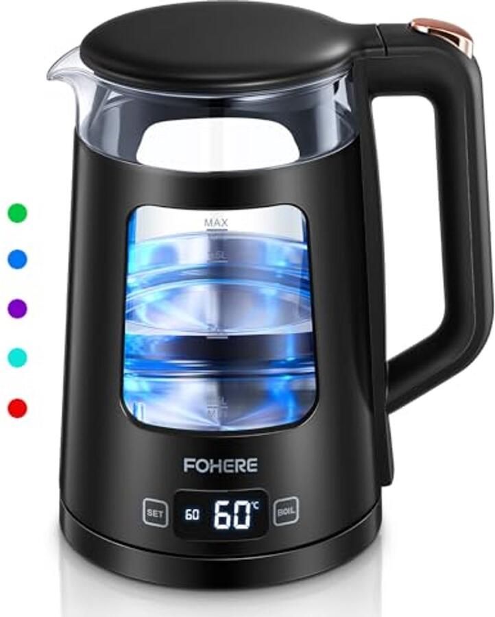 Electric kettle with temperature setting 1.7 L glass kettle with keep warm function 2200 W fast boiling automatic shut-off and boil-dry protection with 5 coloured lights