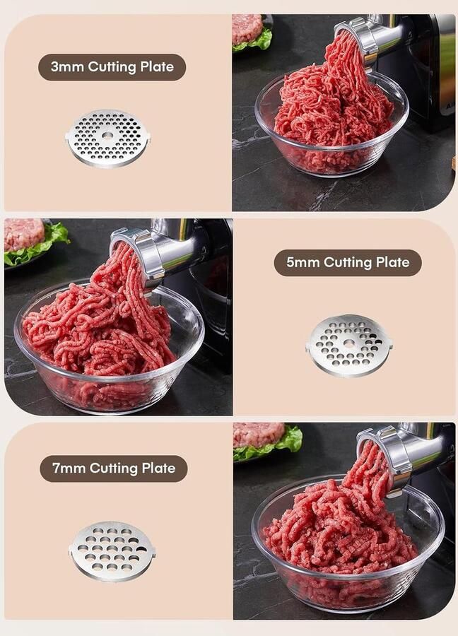 Electric Meat Grinder 3-in-1 Meat Mincer Machine & Sausage Stuffer Stainless Steel Meat Mincers for Home use with 3 Grinding Plates Kubbe Kit & 3 Sausage Stuffer Tubes