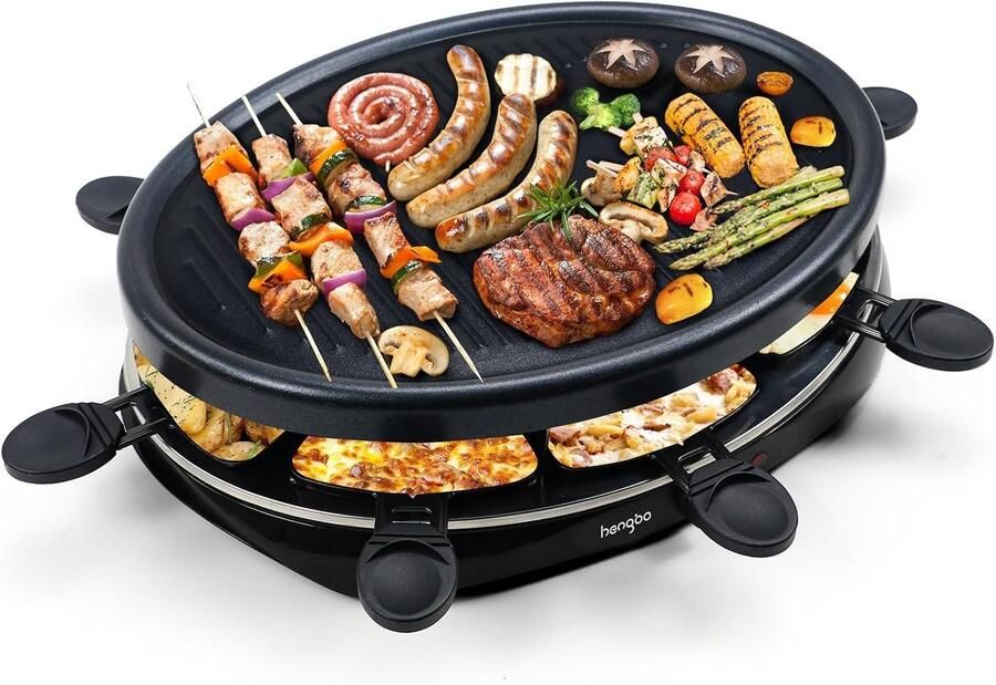 Electric Raclette Grill Zwart Voor 8 Personen Met Teppanyaki Plaat en Antiaanbaklaag Voor Gezellige Avonden