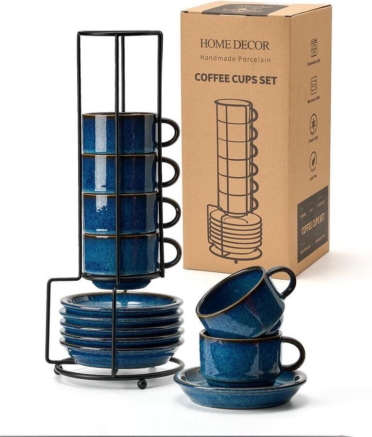 Elegante Espresso Kopjes Set met Schotels en Standaard 6 x 140 ml Keramische Koffiekopjes in Reactief Glazuur Blauw