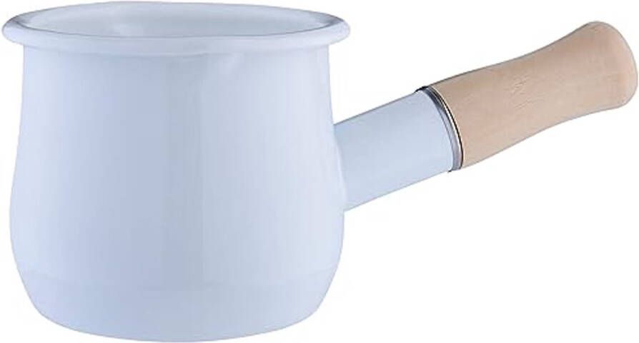 Elegante Melkpan van Emaille 450 ml Geschikt voor Inductie en Gas Met Schenktuit en Houten Handvat