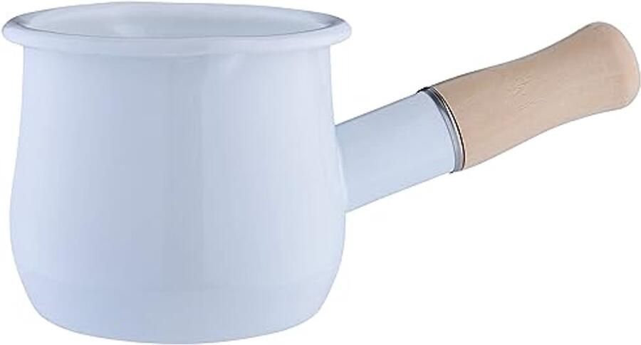 Elegante Melkpan van Emaille 450 ml Geschikt voor Inductie en Gas Met Schenktuit en Houten Handvat