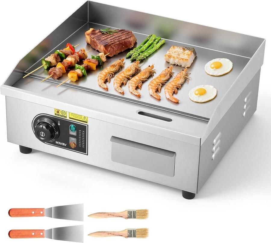Elektrisch Grilloppervlak Bakplaat Plancha Professioneel Koken Instelbare Temperatuur 45x30 cm Zilver