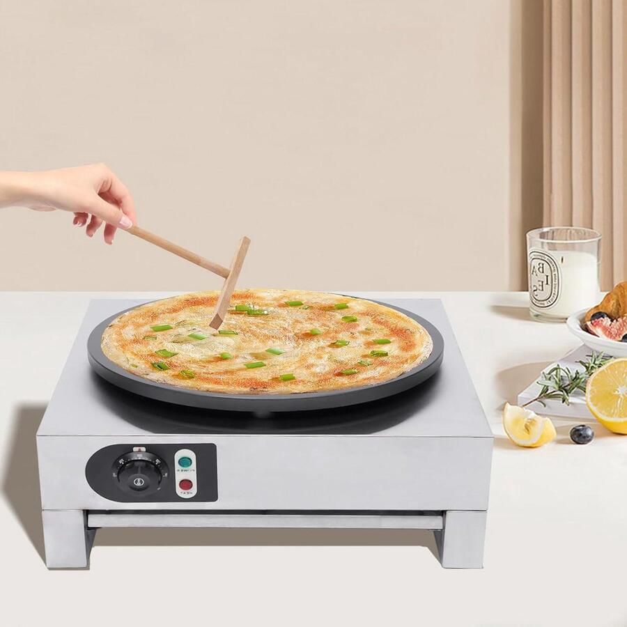Elektrisch Pannenkoekenapparaat Crêpemaker Grote porties maken Traploos regelbare temperatuur 40 cm plaat Roestvrij staal