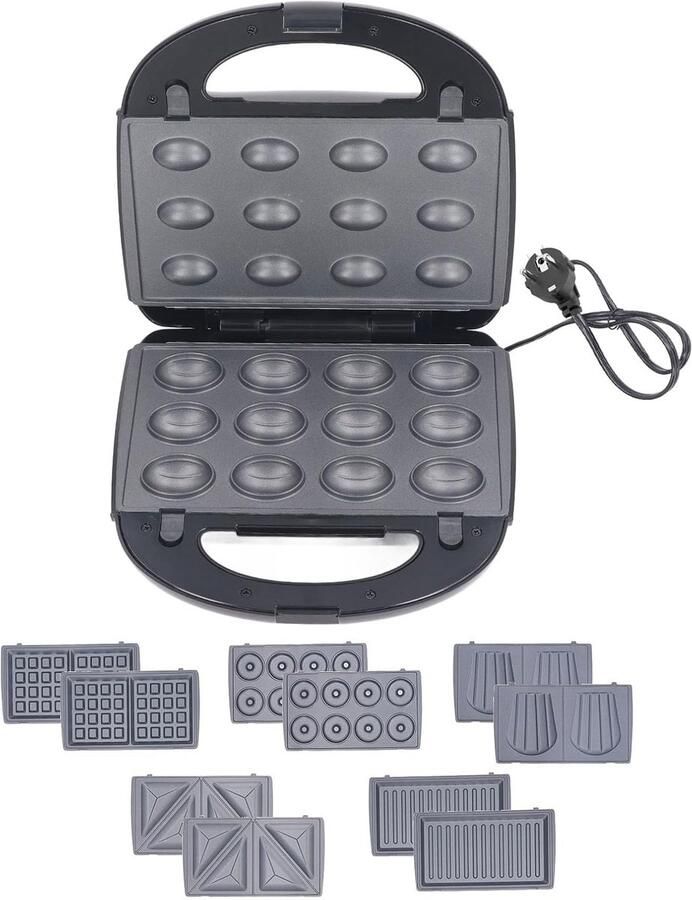 Elektrisch Platenijzer Wafel en Tosti Snelle Snacks Maken 10 Verwisselbare Platen 750 Watt Zwart