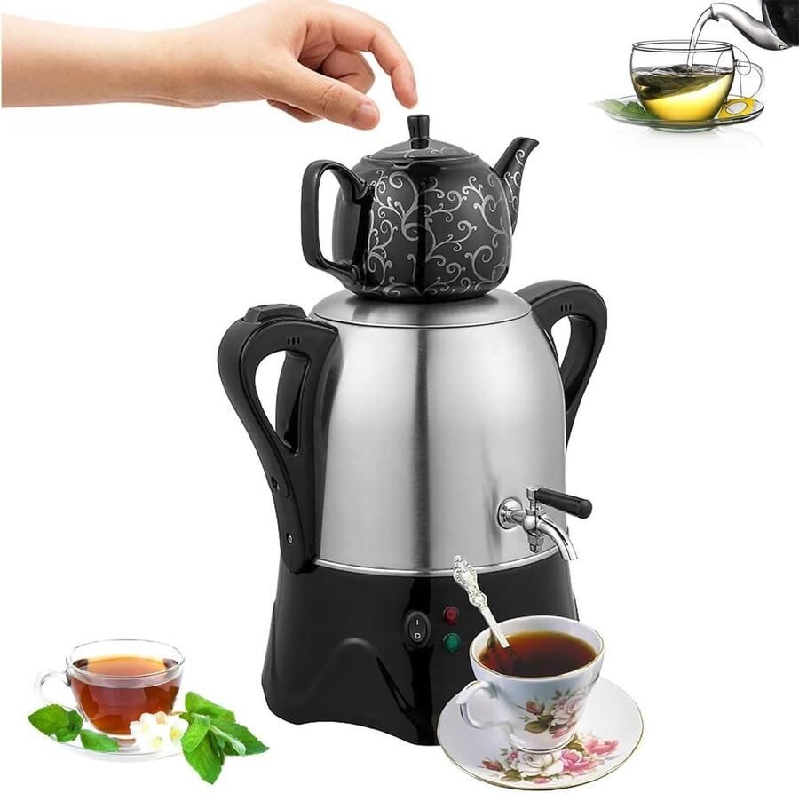Elektrisch theezetapparaat Samovar waterkoker Thee en koffie zetten Warmhoudfunctie dubbele pot 4 Liter capaciteit Zwart zilver