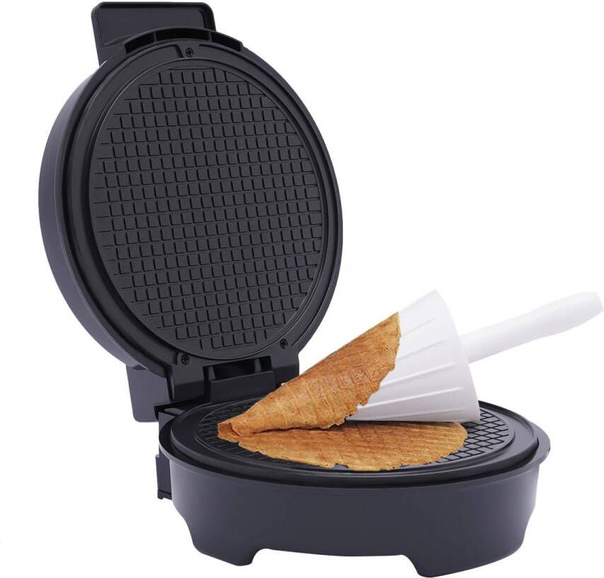 TELEO Elektrisch Wafelijzer – 1000W – Ø 20 cm – Antiaanbaklaag – Instelbare Thermostaat – Inclusief Kegel voor ijshoorn vorm – Zwart
