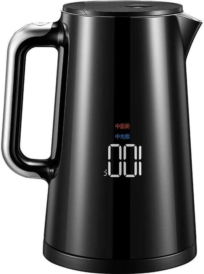 Elektrisch Waterkokers Snelkoker RVS Water Koken Dubbelwandig Anti-Scald 1.7L Zwart