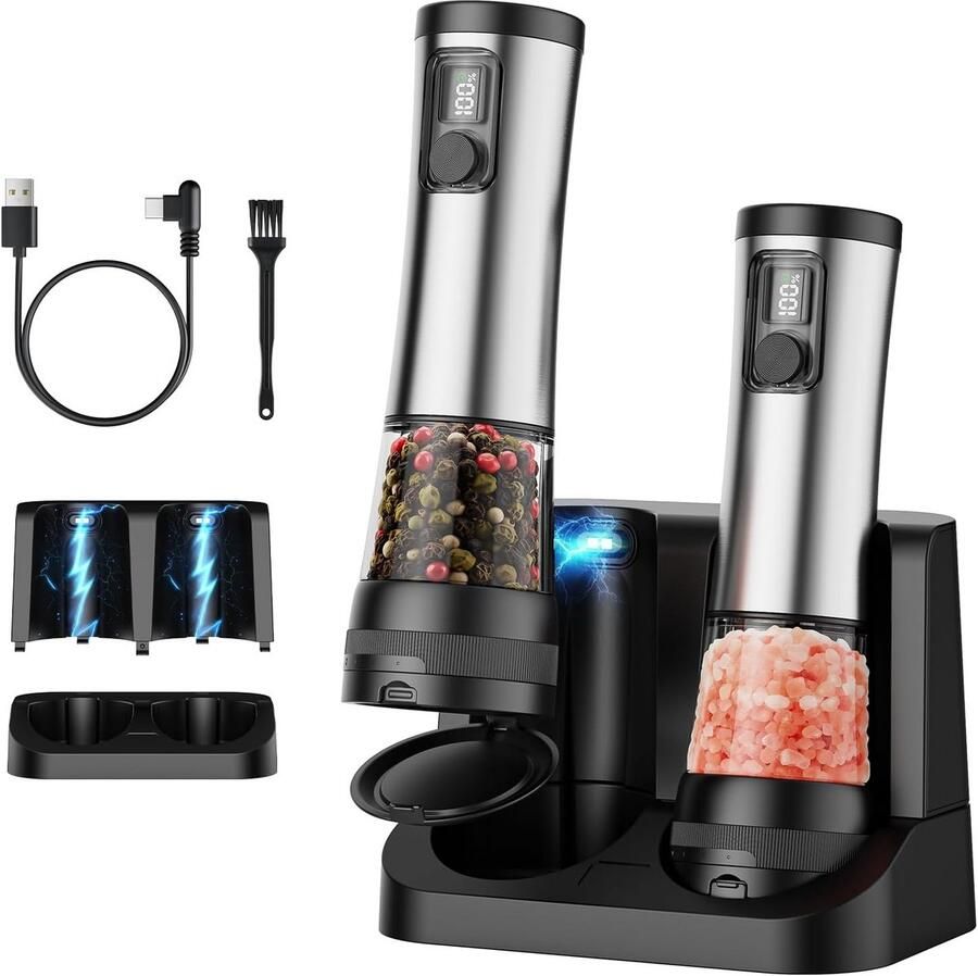 Elektrisch Zout- en Pepermolen Set met USB Opladen RVS LCD Display en Keramische Molen