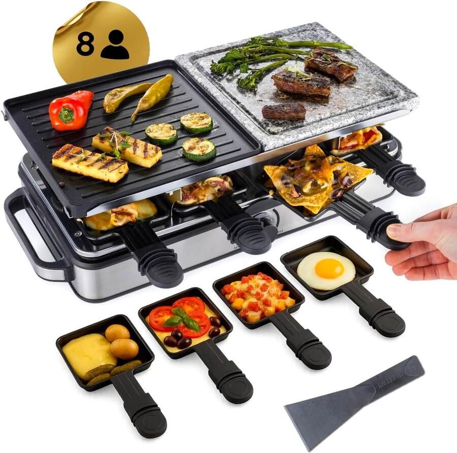 Elektrische 2-in-1 Raclette Grill voor 8 Personen met Steen- en Aluminium Bakplaat