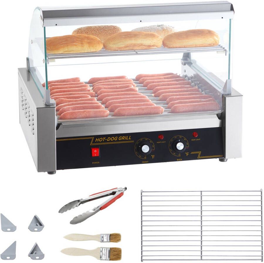 Elektrische 30 Hot Dog Roller Grill Cooker Machine 11-Roller Achterwand Plank 2 kw Roestvrij Staal