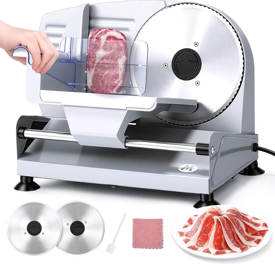 Elektrische allessnijder 2 messen 0-15 mm dikte instelbaar Roestvrijstalen snijmachine afneembare messen van 19 cm kinderbeveiliging 200 W voor vlees kaas brood ham en groenten