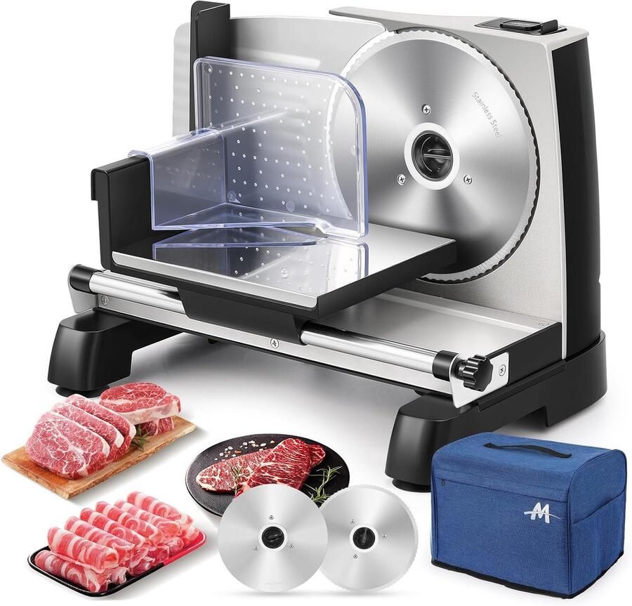 Elektrische allessnijder voor thuis professionele allessnijder met veiligheidsvergrendeling instelbare dikte 0-18 mm 2 x 19 cm roestvrijstalen lemmet voor vlees brood kaas en groenten