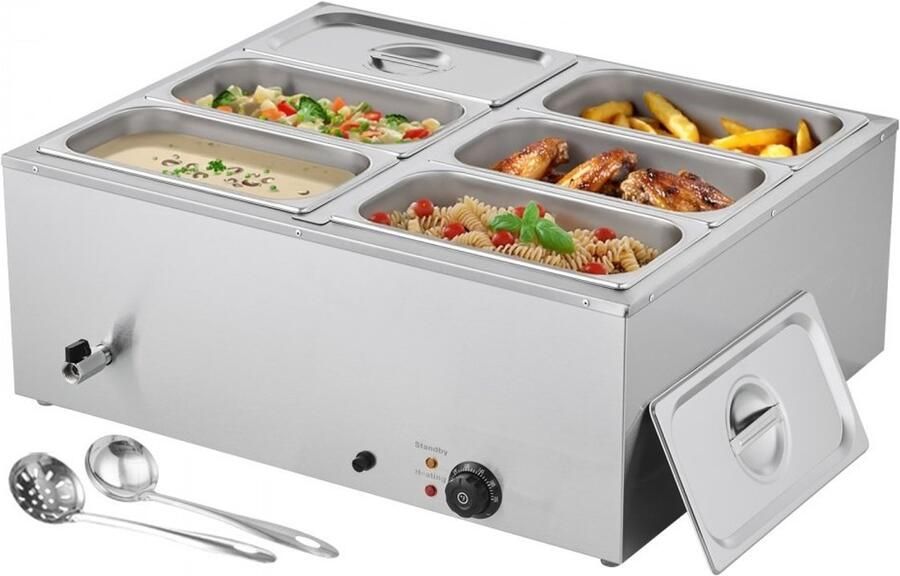 Elektrische Bain-Marie Voedselverwarmer Chafing Dish Set 6 x GN 1 3 Bakken 1 5 kW Met Deksel en Soeplepel Voor Buffet Catering en Feesten RVS