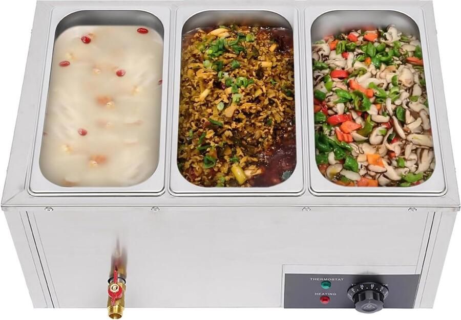 Elektrische Bain Marie Voedselwarmer Buffet Catering Warm Houden 3 RVS Potten 57.5x38x27cm Zilver