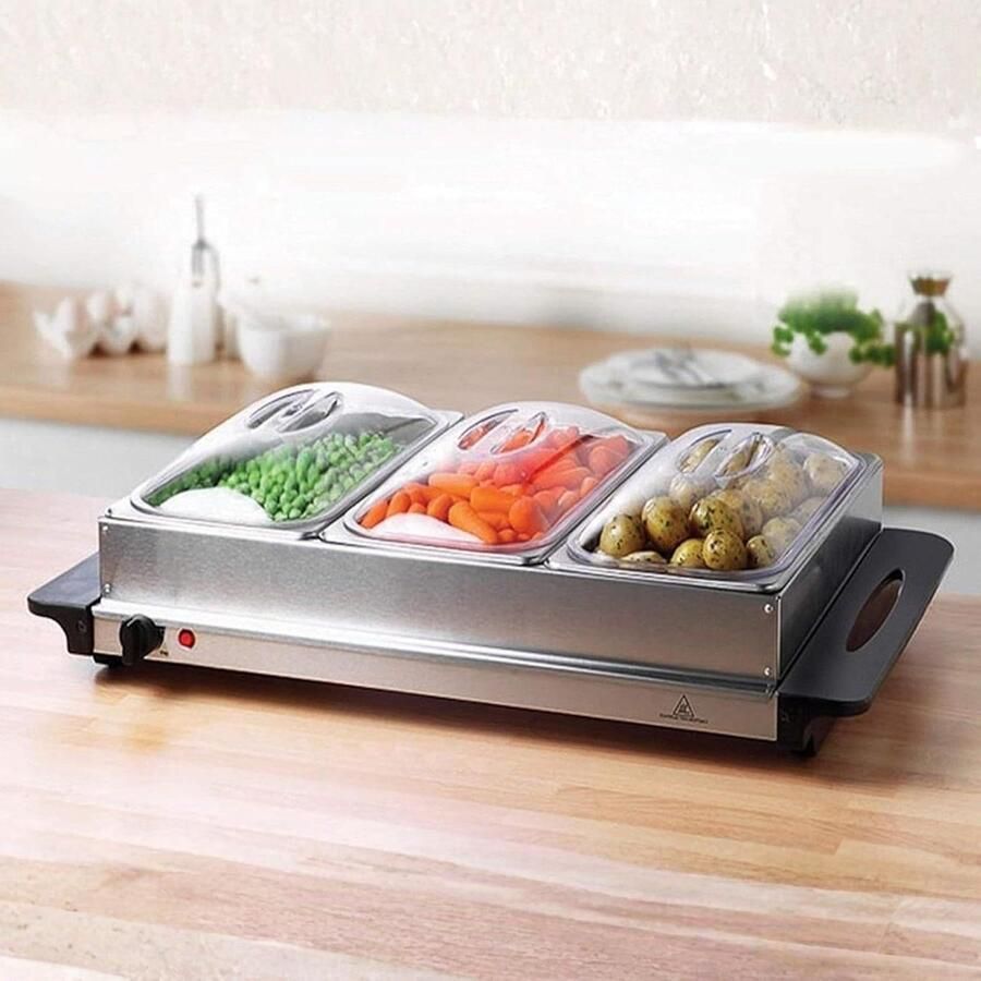 Elektrische Bain Marie Voedselwarmer Buffet Gerechten Warm Houden Drie Aparte Pannen 45 Liter Zilver